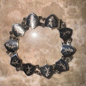 SIAM VINTAGE NIELLO DANCING GODDESS STERLING SILVER BRACELET